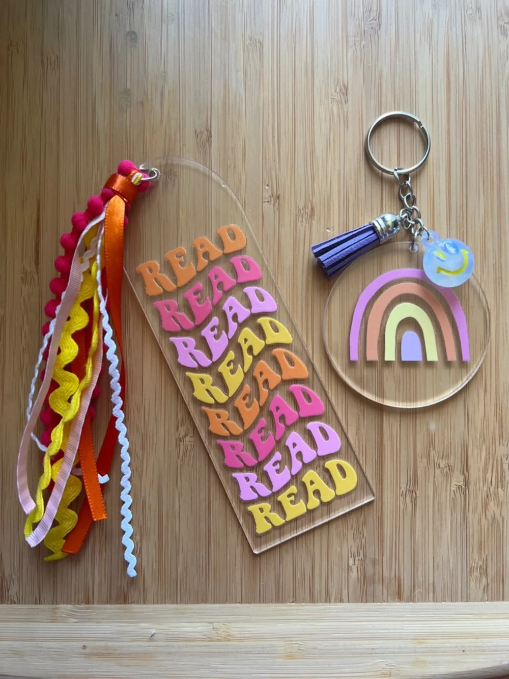 Handmade READ Acrylic Bookmark and Rainbow Keychain Set